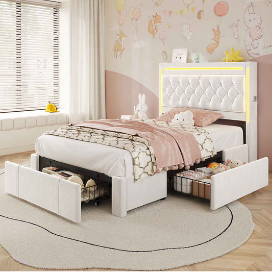 HAUOMS Twin Size Bed Frame with Storage Headboard and 3 Drawers Velvet Upholstered Princess Bed with Power Outlet