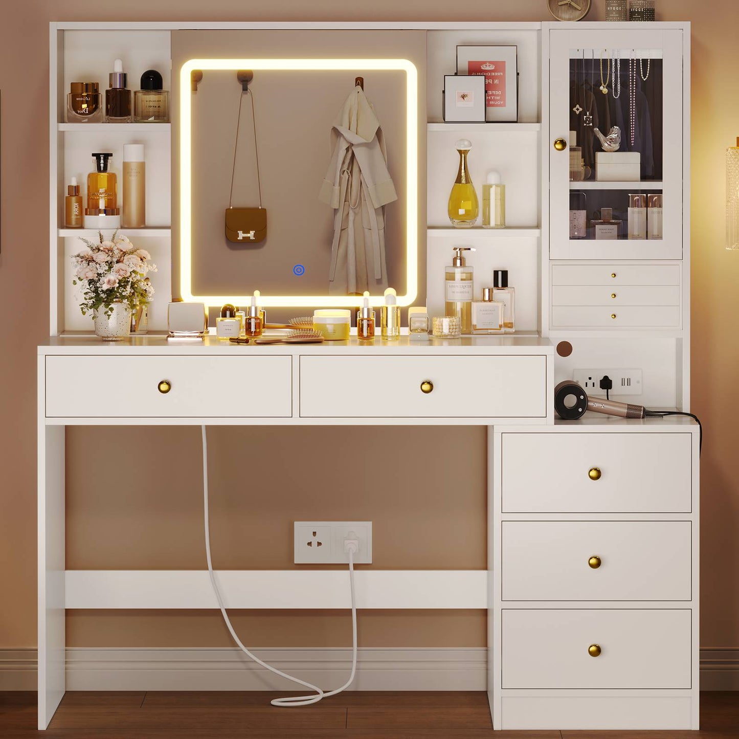 HAUOMS 45.3 Inch Makeup Vanity with Lights and Sliding Mirror Modern Vanity Desk with 5 Drawers and Charging Station