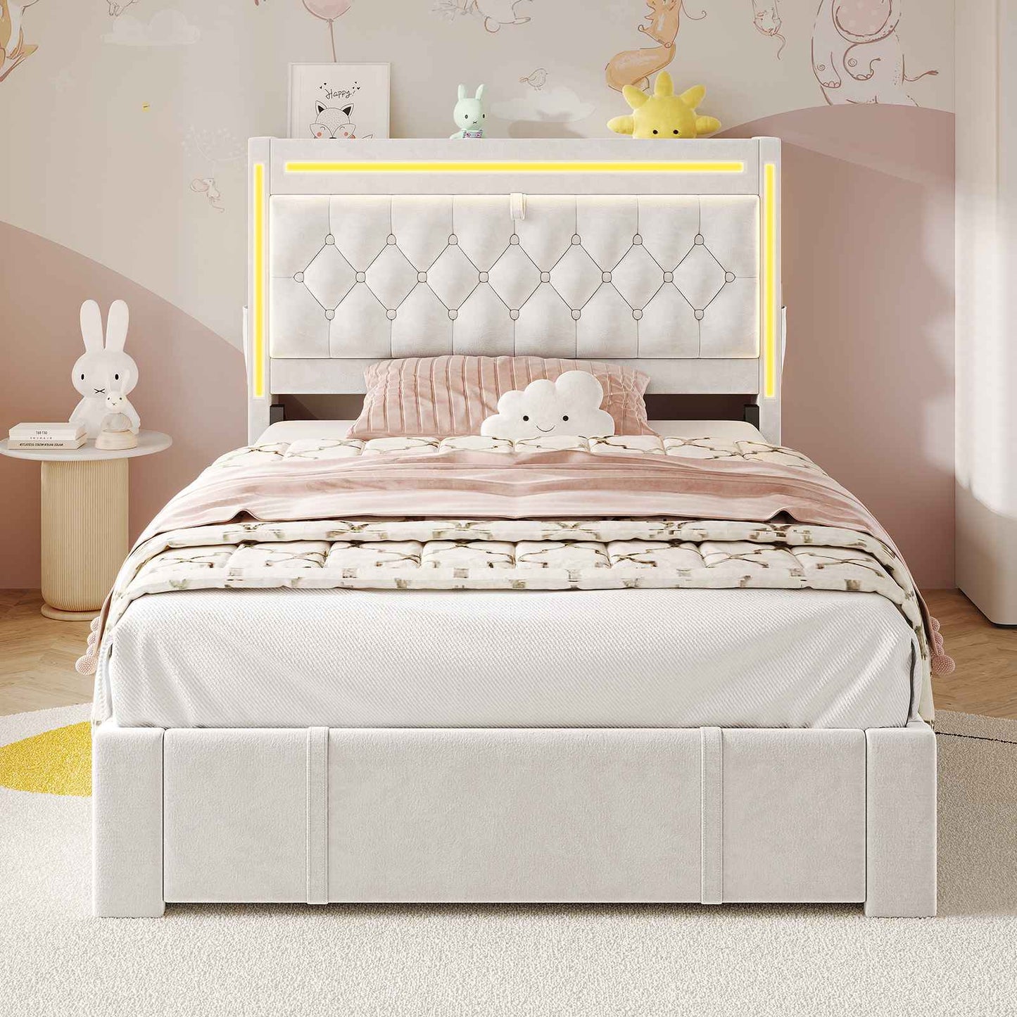 HAUOMS Twin Size Bed Frame with Storage Headboard and 3 Drawers Velvet Upholstered Princess Bed with Power Outlet