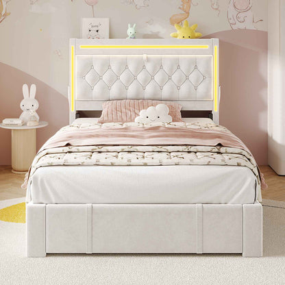 HAUOMS Twin Size Bed Frame with Storage Headboard and 3 Drawers Velvet Upholstered Princess Bed with Power Outlet