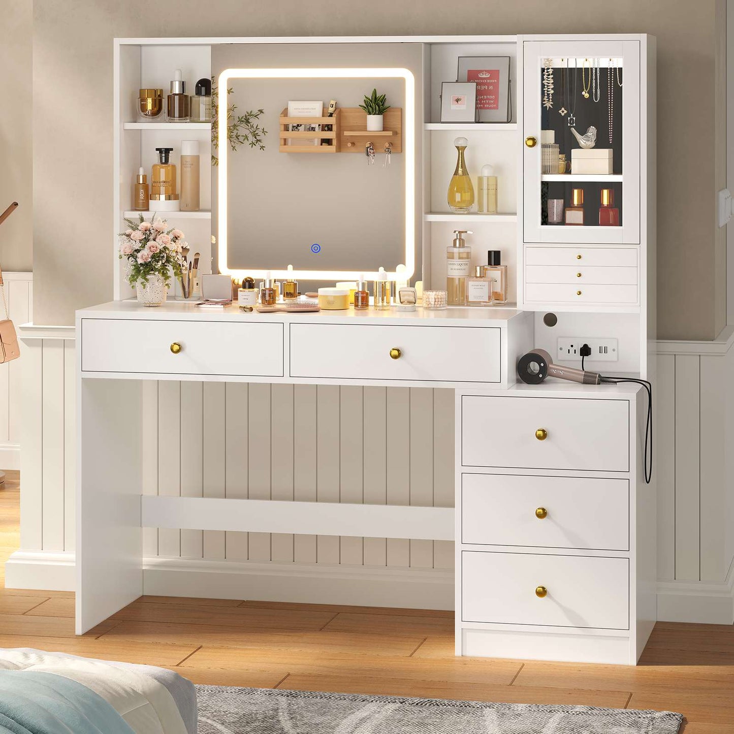 HAUOMS 45.3 Inch Makeup Vanity with Lights and Sliding Mirror Modern Vanity Desk with 5 Drawers and Charging Station