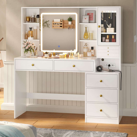 HAUOMS 45.3 Inch Makeup Vanity with Lights and Sliding Mirror Modern Vanity Desk with 5 Drawers and Charging Station