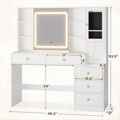 HAUOMS 45.3 Inch Makeup Vanity with Lights and Sliding Mirror Modern Vanity Desk with 5 Drawers and Charging Station