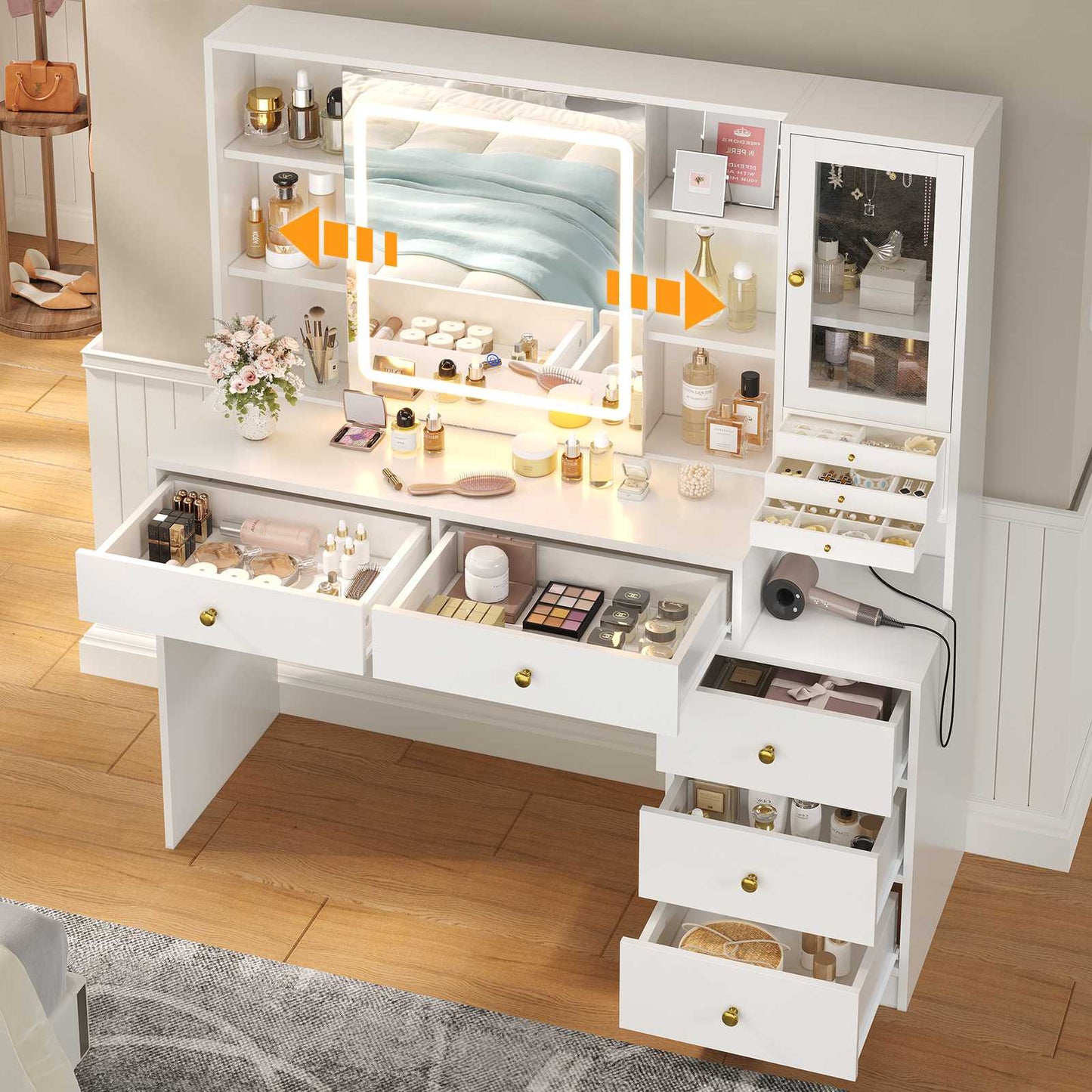 HAUOMS 45.3 Inch Makeup Vanity with Lights and Sliding Mirror Modern Vanity Desk with 5 Drawers and Charging Station
