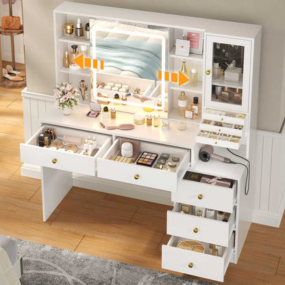 HAUOMS 45.3 Inch Makeup Vanity with Lights and Sliding Mirror Modern Vanity Desk with 5 Drawers and Charging Station
