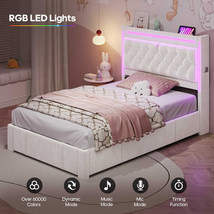HAUOMS Twin Size Bed Frame with Storage Headboard and 3 Drawers Velvet Upholstered Princess Bed with Power Outlet
