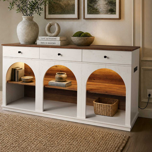 HAUOMS 63 inch Console Table with 3 Drawers and 3-Tier Storage Farmhouse Arched Table with RGB Lights and Charging Station for Entrance Hallway Foyer Living Room