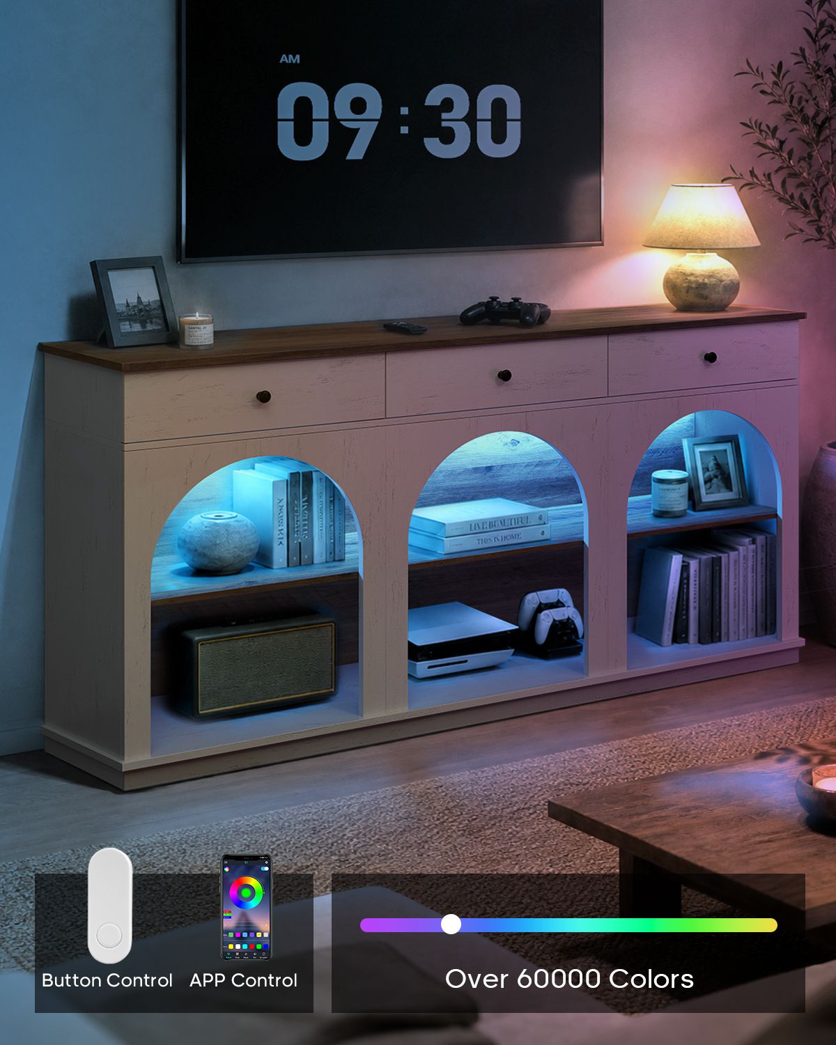 HAUOMS 63 inch Console Table with 3 Drawers and 3-Tier Storage Farmhouse Arched Table with RGB Lights and Charging Station for Entrance Hallway Foyer Living Room