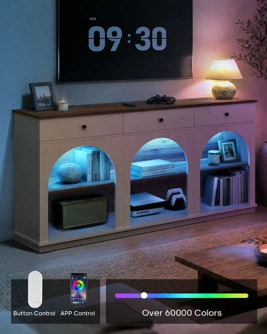HAUOMS 63 inch Console Table with 3 Drawers and 3-Tier Storage Farmhouse Arched Table with RGB Lights and Charging Station for Entrance Hallway Foyer Living Room
