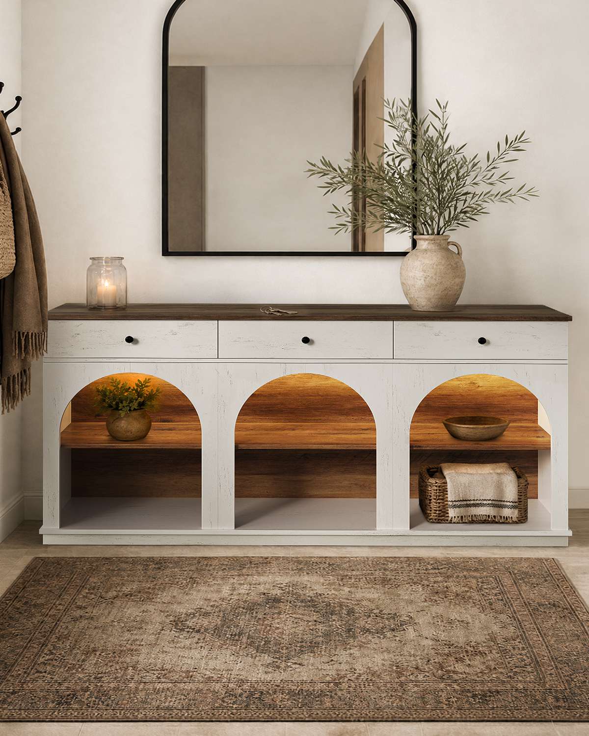 HAUOMS 63 inch Console Table with 3 Drawers and 3-Tier Storage Farmhouse Arched Table with RGB Lights and Charging Station for Entrance Hallway Foyer Living Room