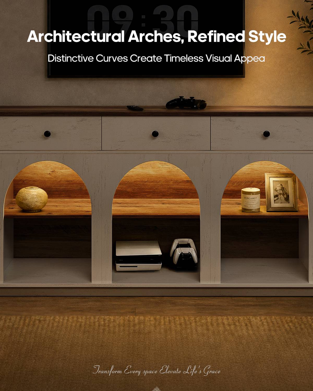HAUOMS 63 inch Console Table with 3 Drawers and 3-Tier Storage Farmhouse Arched Table with RGB Lights and Charging Station for Entrance Hallway Foyer Living Room
