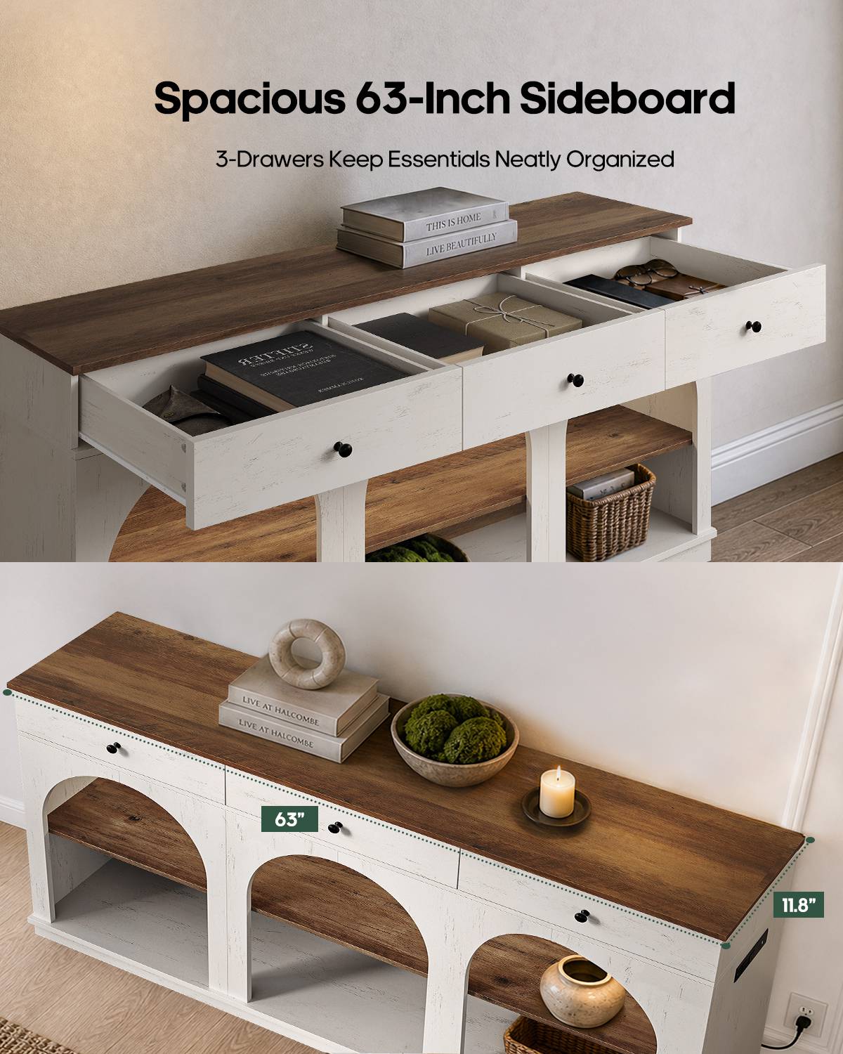HAUOMS 63 inch Console Table with 3 Drawers and 3-Tier Storage Farmhouse Arched Table with RGB Lights and Charging Station for Entrance Hallway Foyer Living Room