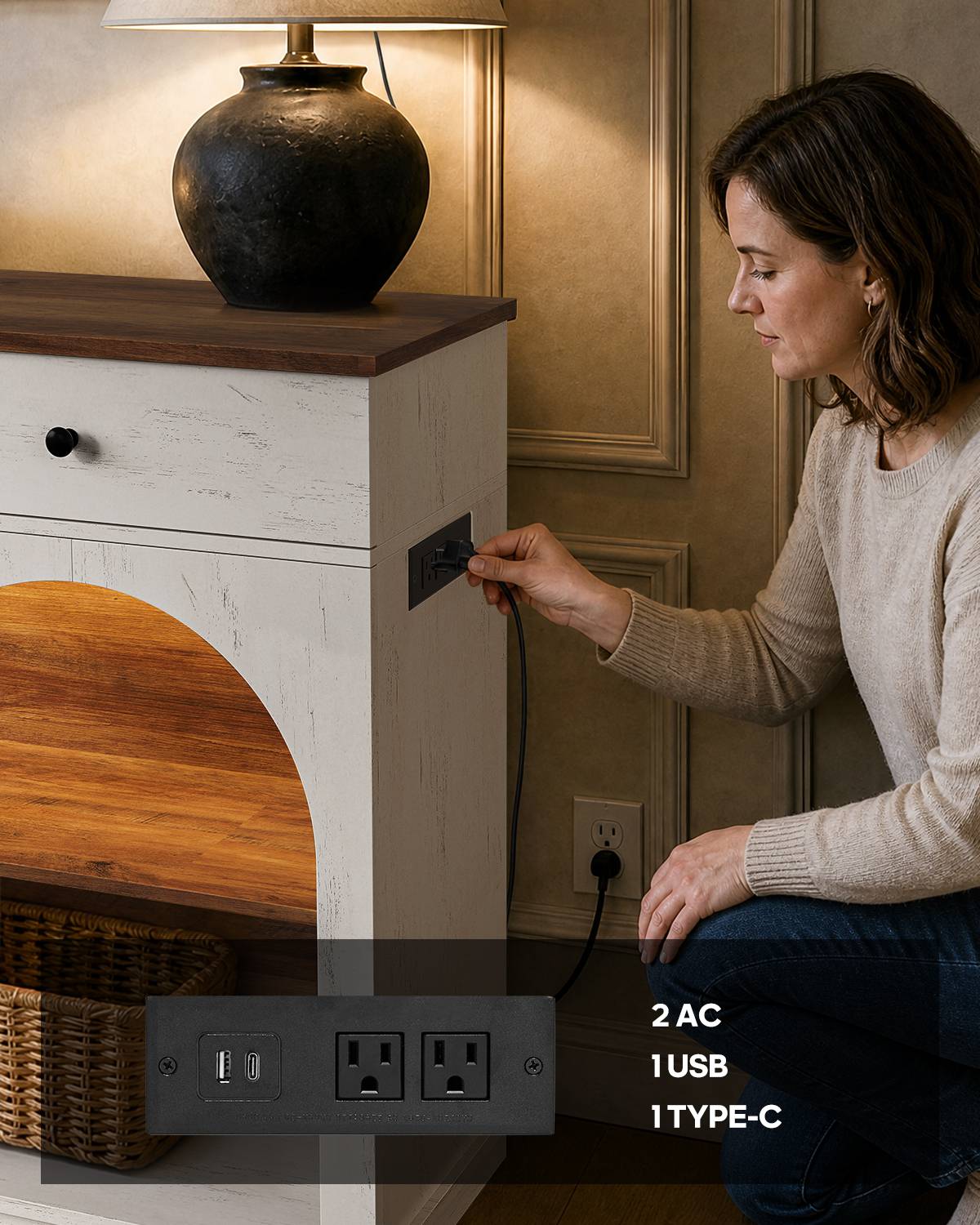 HAUOMS 63 inch Console Table with 3 Drawers and 3-Tier Storage Farmhouse Arched Table with RGB Lights and Charging Station for Entrance Hallway Foyer Living Room