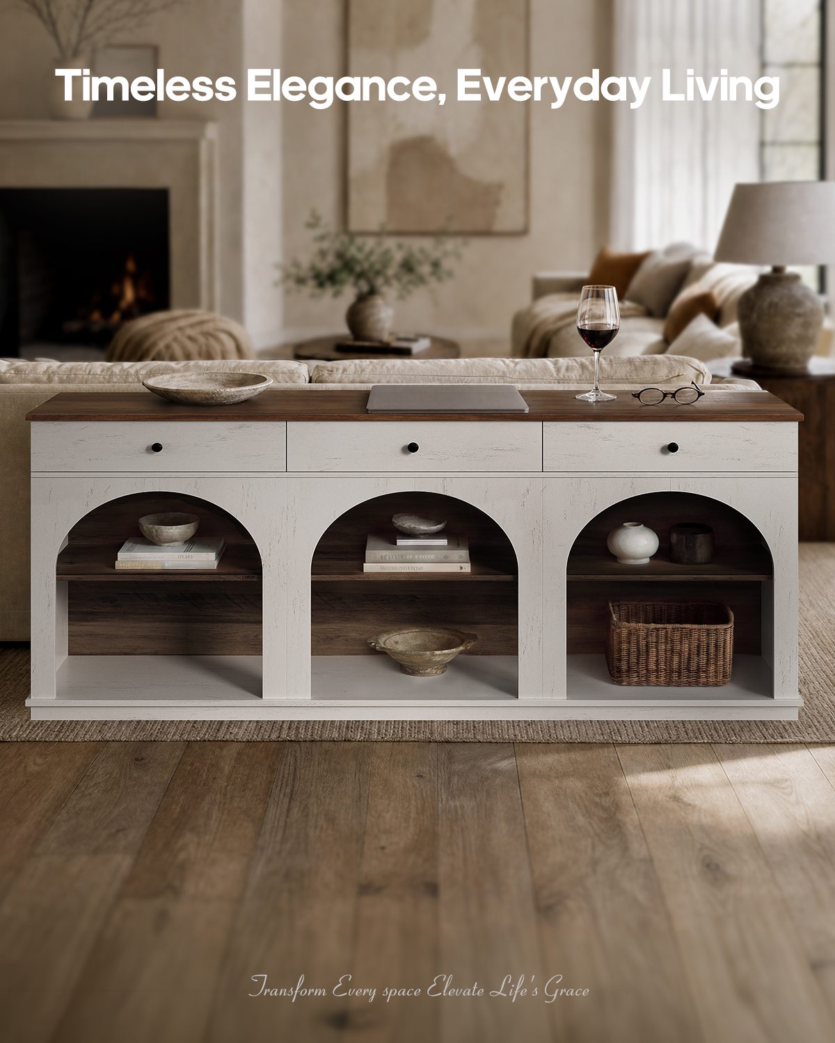 HAUOMS 63 inch Console Table with 3 Drawers and 3-Tier Storage Farmhouse Arched Table with RGB Lights and Charging Station for Entrance Hallway Foyer Living Room