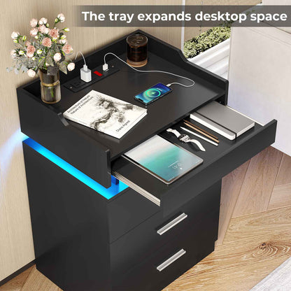 HAUOMS 28.3 Inch Tall Nightstand with LED Light and Pull-Out Shelf Side Table with 3 Drawers USB Ports and Outlets for Bedroom
