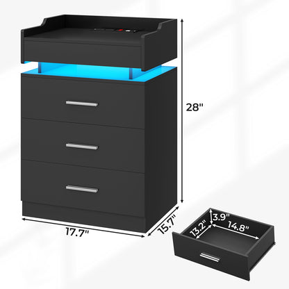 HAUOMS 28.3 Inch Tall Nightstand with LED Light and Pull-Out Shelf Side Table with 3 Drawers USB Ports and Outlets for Bedroom
