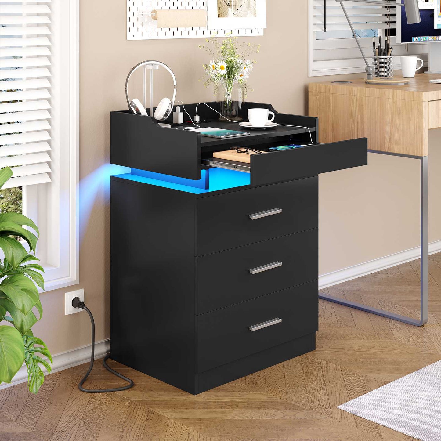 HAUOMS 28.3 Inch Tall Nightstand with LED Light and Pull-Out Shelf Side Table with 3 Drawers USB Ports and Outlets for Bedroom