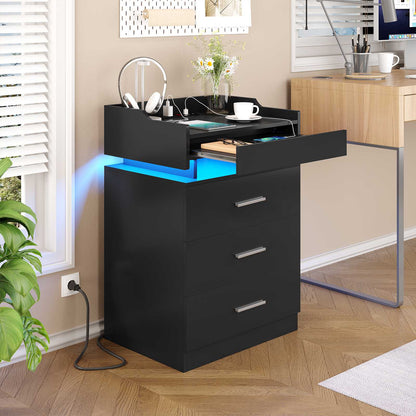 HAUOMS 28.3 Inch Tall Nightstand with LED Light and Pull-Out Shelf Side Table with 3 Drawers USB Ports and Outlets for Bedroom