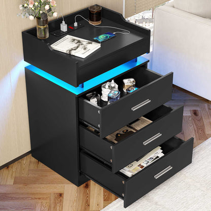 HAUOMS 28.3 Inch Tall Nightstand with LED Light and Pull-Out Shelf Side Table with 3 Drawers USB Ports and Outlets for Bedroom