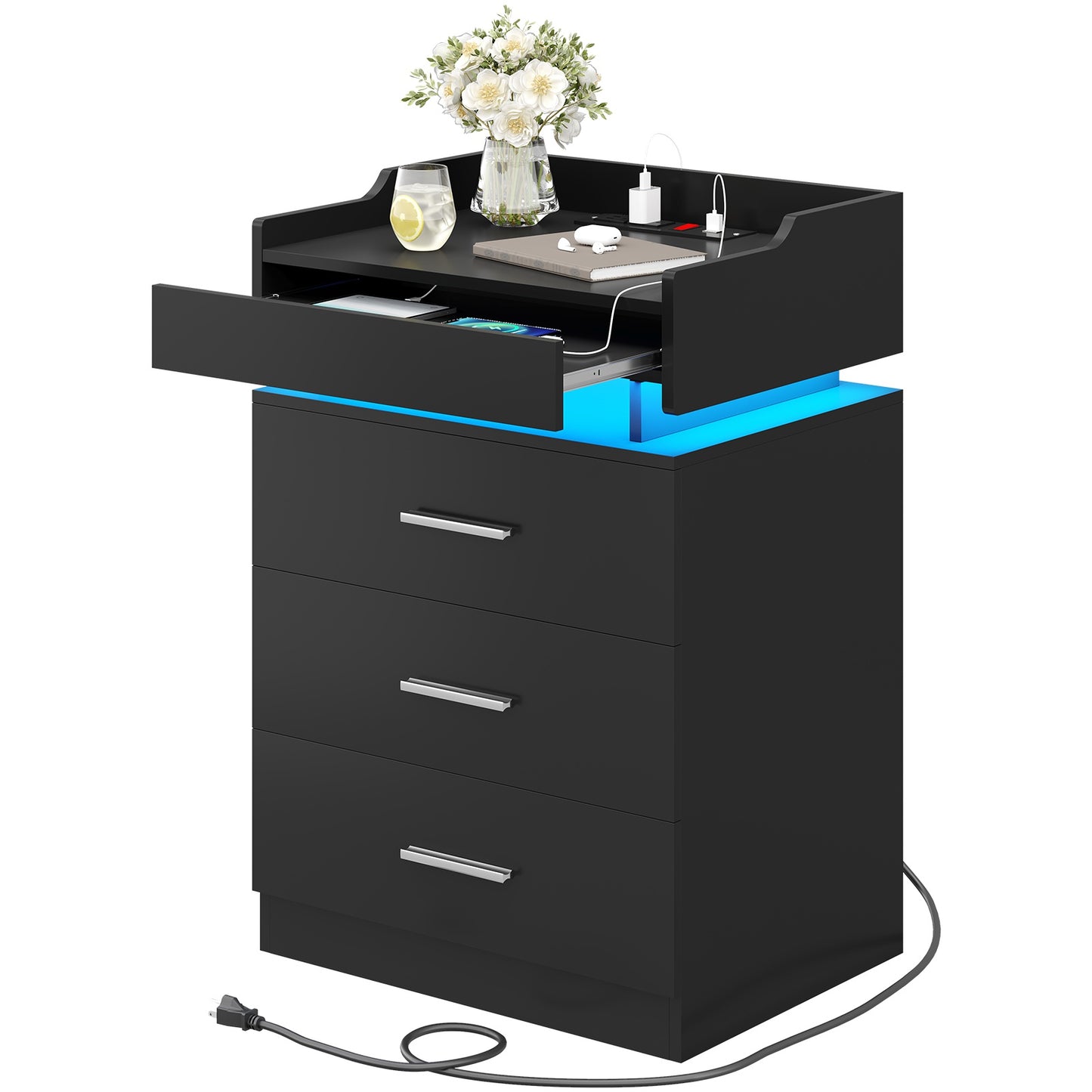 HAUOMS 28.3 Inch Tall Nightstand with LED Light and Pull-Out Shelf Side Table with 3 Drawers USB Ports and Outlets for Bedroom
