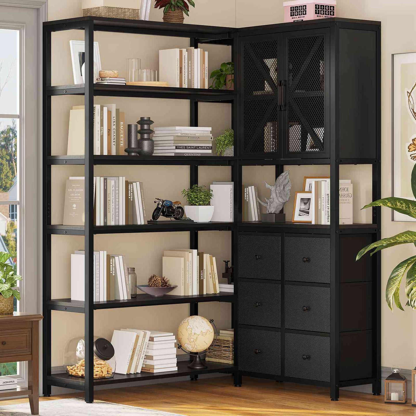 HAUOMS Corner Bookshelf with 6 Tier Convertible Bookshelf and 6 Fabric Drawers for Home Office Living Room