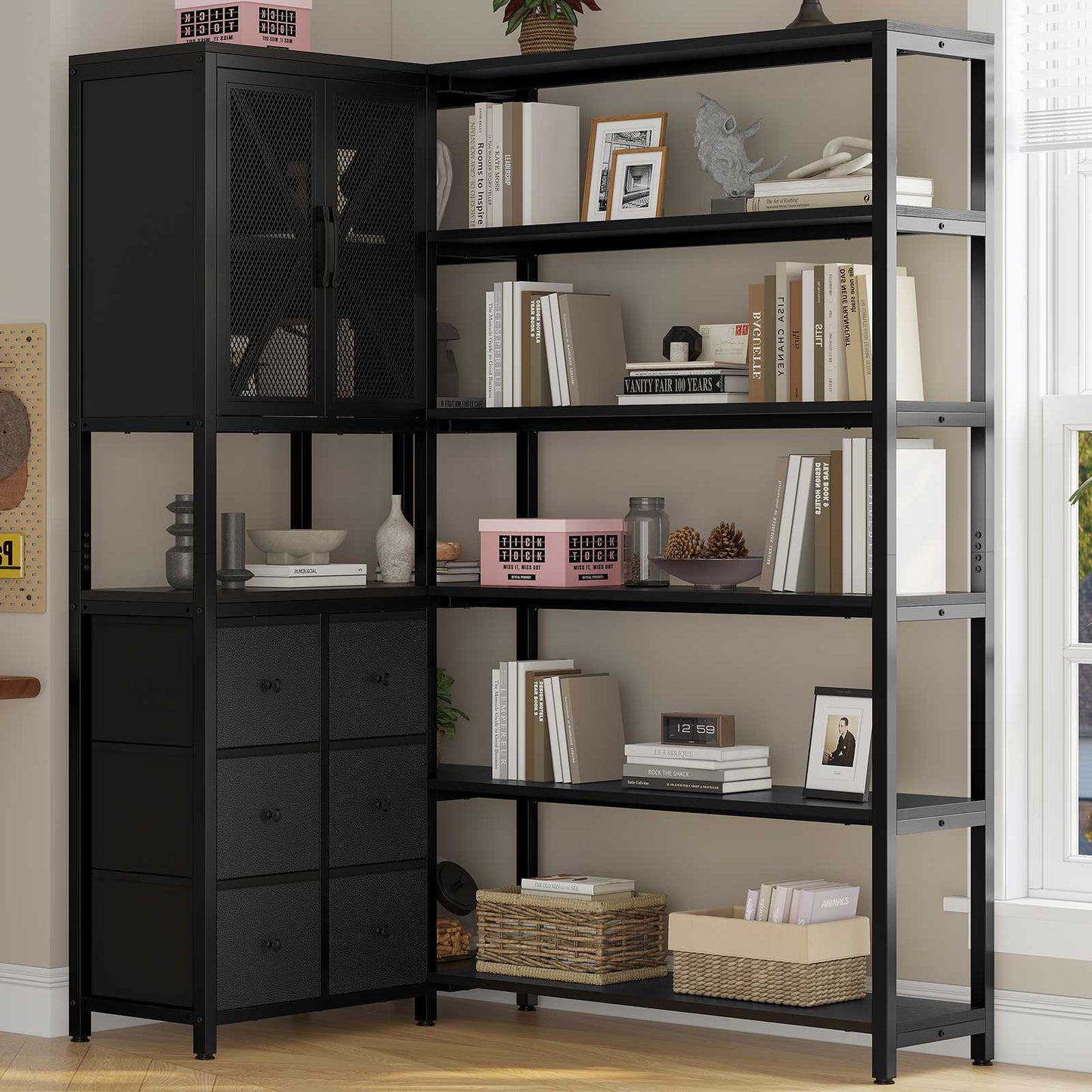 HAUOMS Corner Bookshelf with 6 Tier Convertible Bookshelf and 6 Fabric Drawers for Home Office Living Room