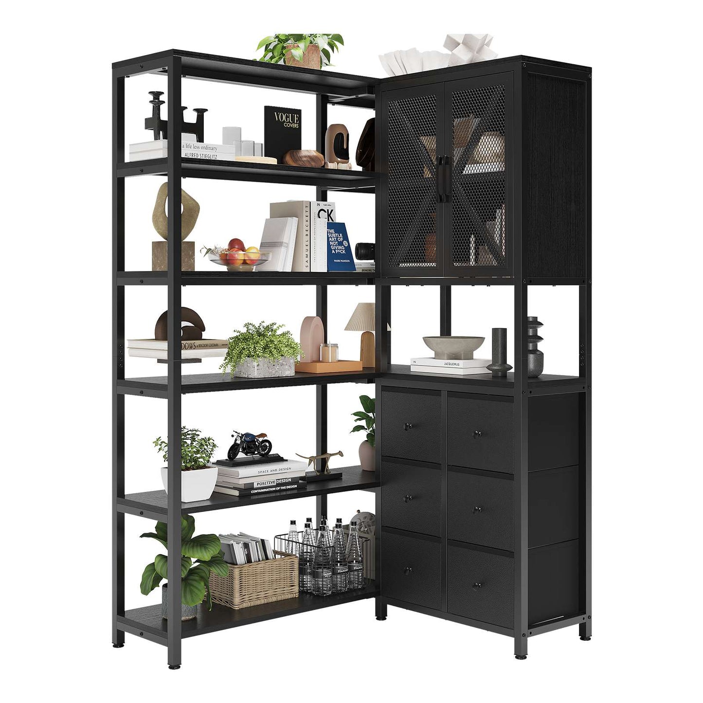 HAUOMS Corner Bookshelf with 6 Tier Convertible Bookshelf and 6 Fabric Drawers for Home Office Living Room