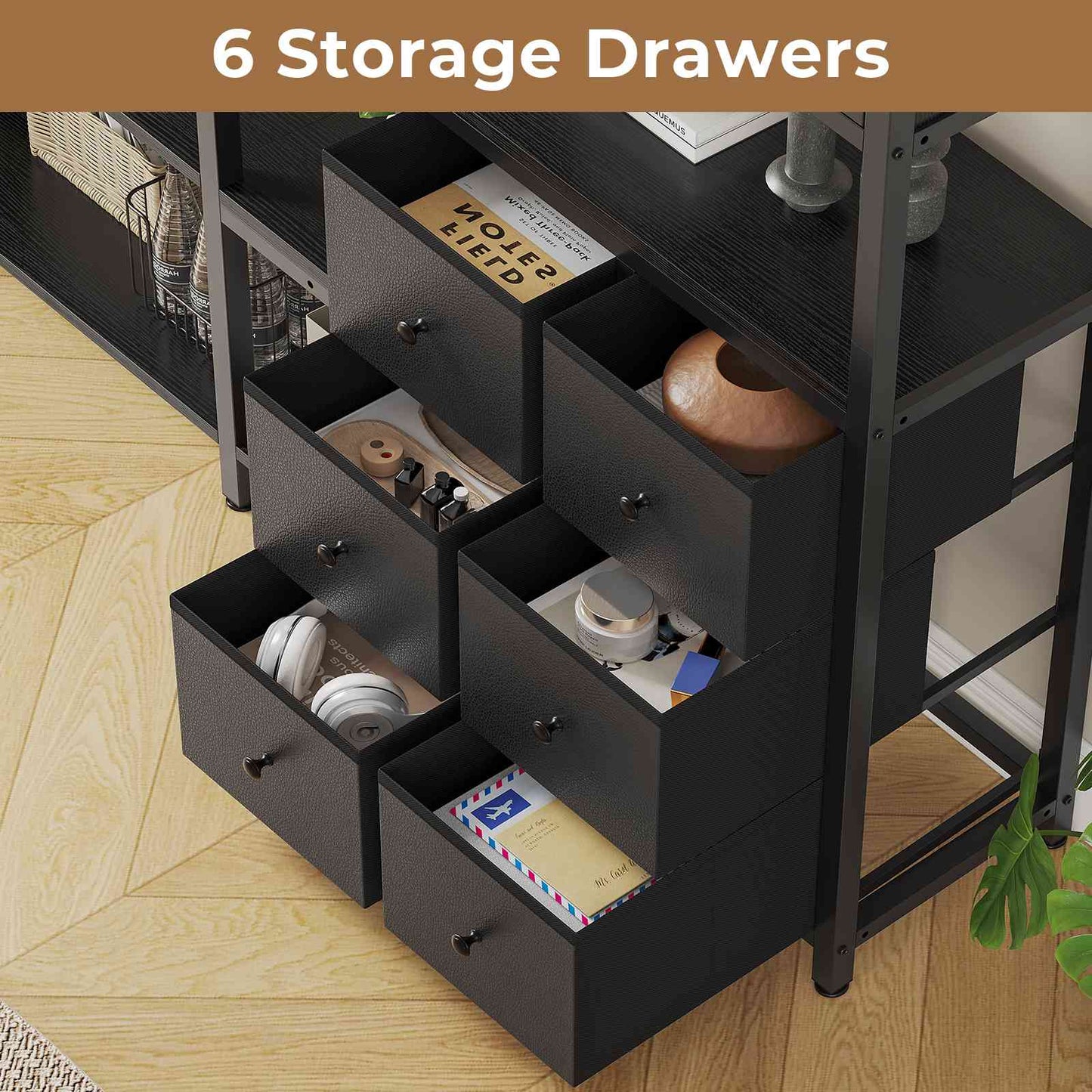 HAUOMS Corner Bookshelf with 6 Tier Convertible Bookshelf and 6 Fabric Drawers for Home Office Living Room
