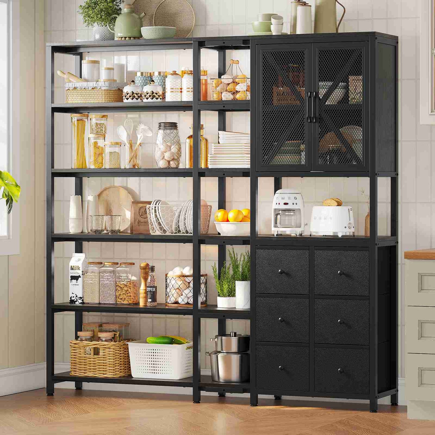HAUOMS Corner Bookshelf with 6 Tier Convertible Bookshelf and 6 Fabric Drawers for Home Office Living Room