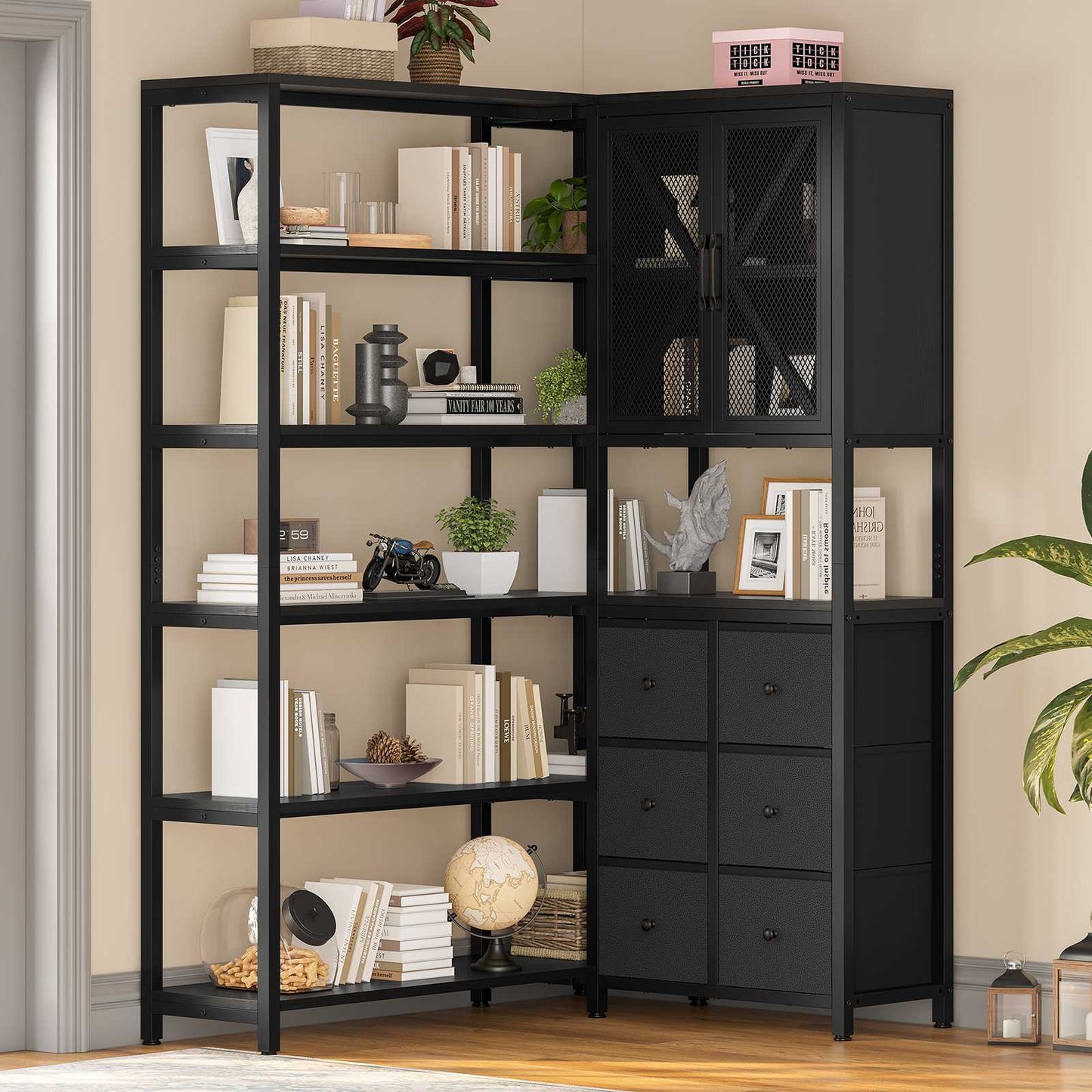 HAUOMS Corner Bookshelf with 6 Tier Convertible Bookshelf and 6 Fabric Drawers for Home Office Living Room