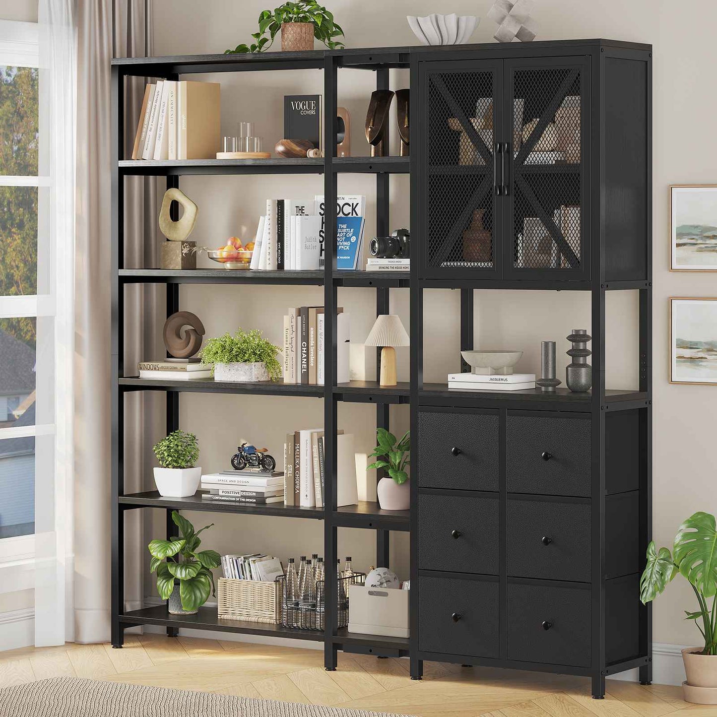 HAUOMS Corner Bookshelf with 6 Tier Convertible Bookshelf and 6 Fabric Drawers for Home Office Living Room