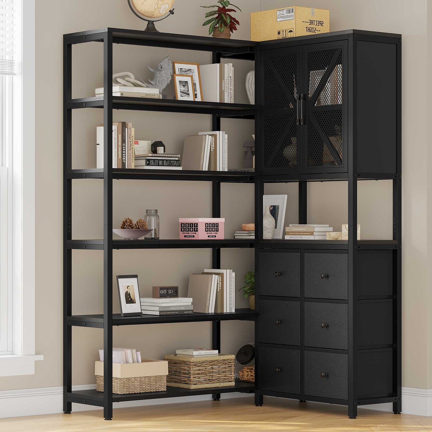 HAUOMS Corner Bookshelf with 6 Tier Convertible Bookshelf and 6 Fabric Drawers for Home Office Living Room