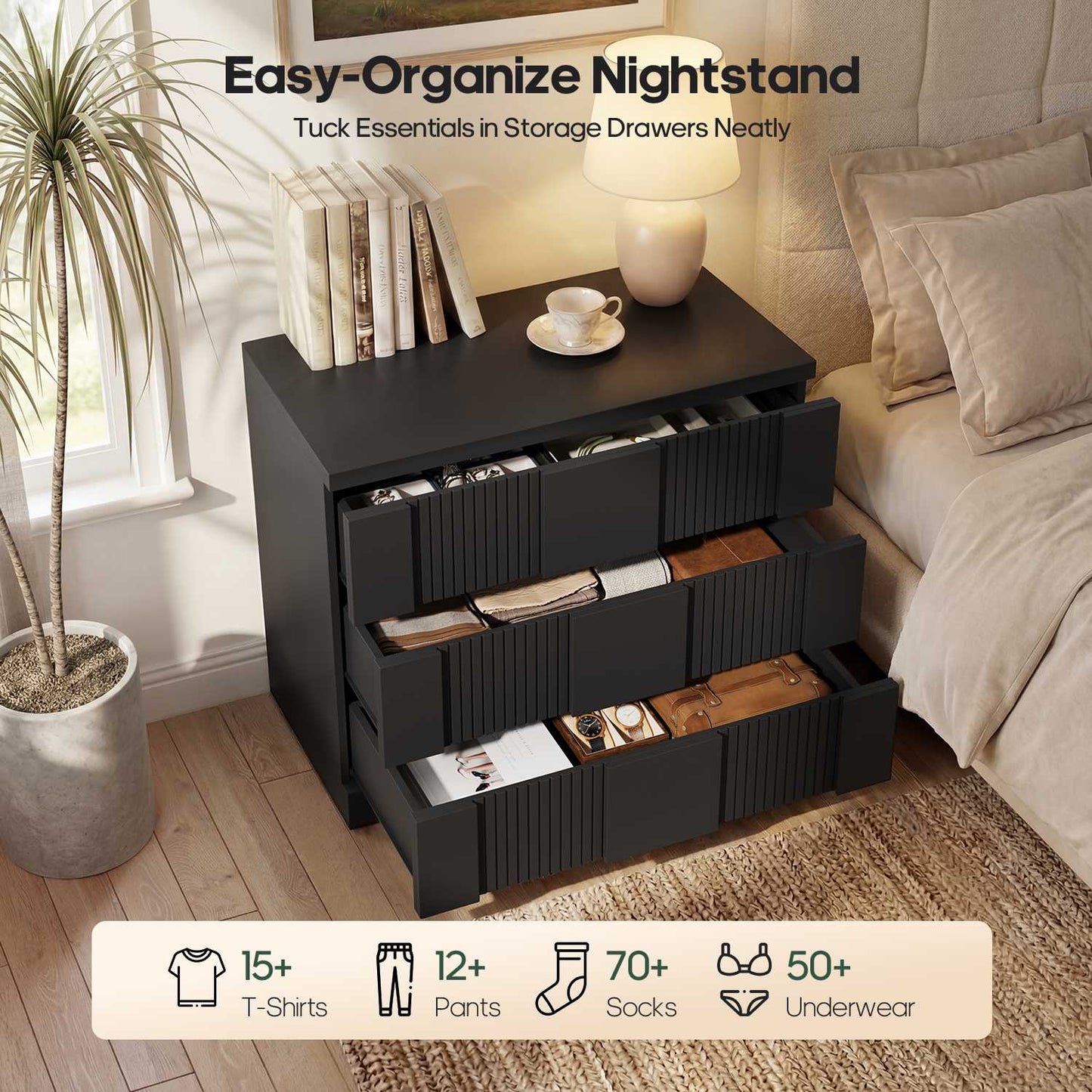 HAUOMS 27.6 Inch Tall Fluted Nightstand with 3 Drawers Storage Extra Large Mid-Century Modern Wood Bedside End Table