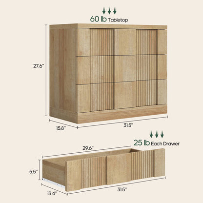 HAUOMS 27.6 Inch Tall Fluted Nightstand with 3 Drawers Storage Extra Large Mid-Century Modern Wood Bedside End Table