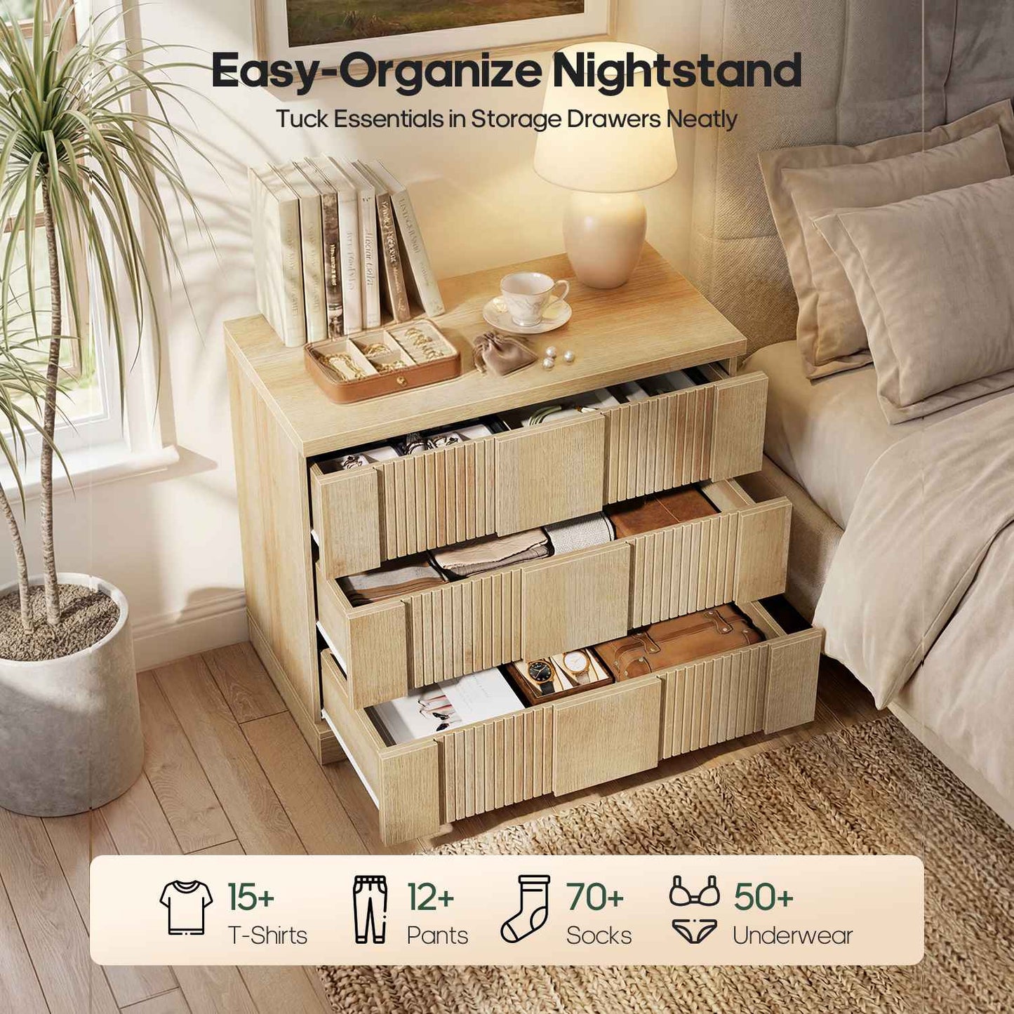HAUOMS 27.6 Inch Tall Fluted Nightstand with 3 Drawers Storage Extra Large Mid-Century Modern Wood Bedside End Table