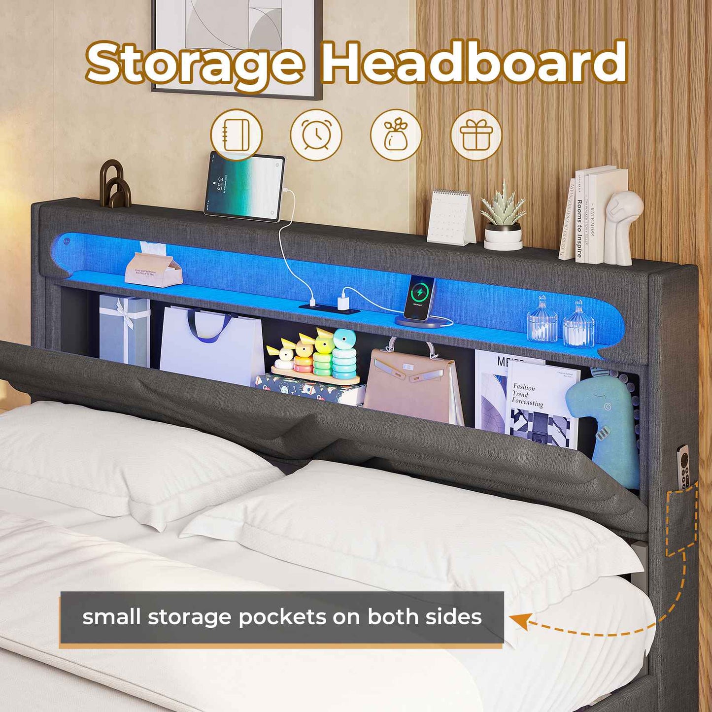 HAUOMS Floating Bed Frame with Storage Headboard LED Lights Upholstered Platform Type-C and USB Charging Station Queen Size