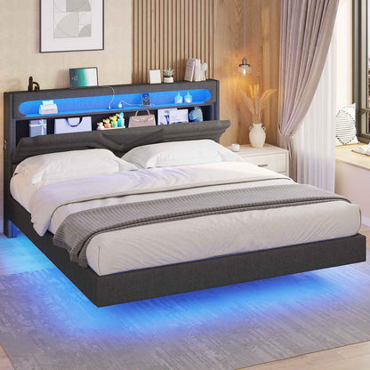 HAUOMS Floating Bed Frame with Storage Headboard LED Lights Upholstered Platform Type-C and USB Charging Station Queen Size