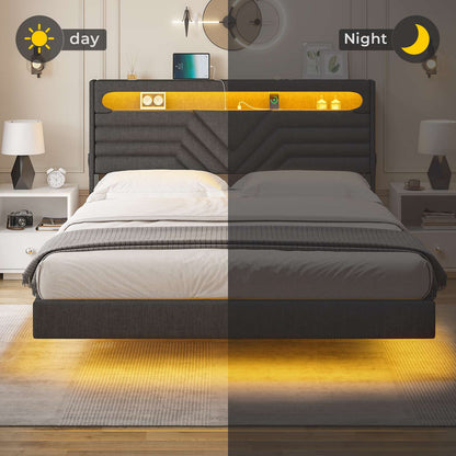 HAUOMS Floating Bed Frame with Storage Headboard LED Lights Upholstered Platform Type-C and USB Charging Station Queen Size