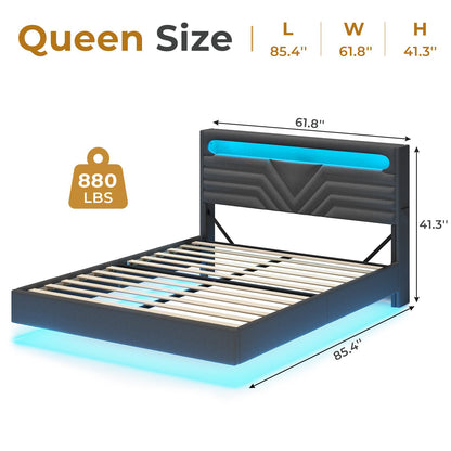 HAUOMS Floating Bed Frame with Storage Headboard LED Lights Upholstered Platform Type-C and USB Charging Station Queen Size
