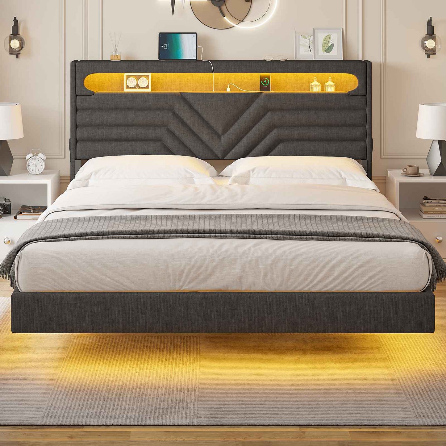 HAUOMS Floating Bed Frame with Storage Headboard LED Lights Upholstered Platform Type-C and USB Charging Station Queen Size