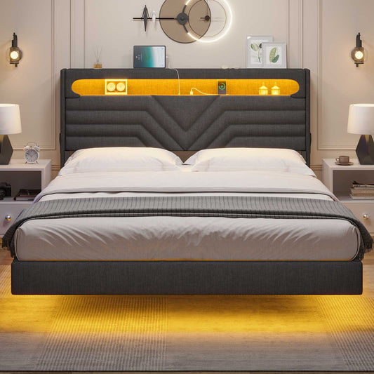 HAUOMS Floating Bed Frame with Storage Headboard LED Lights Upholstered Platform Type-C and USB Charging Station Queen Size
