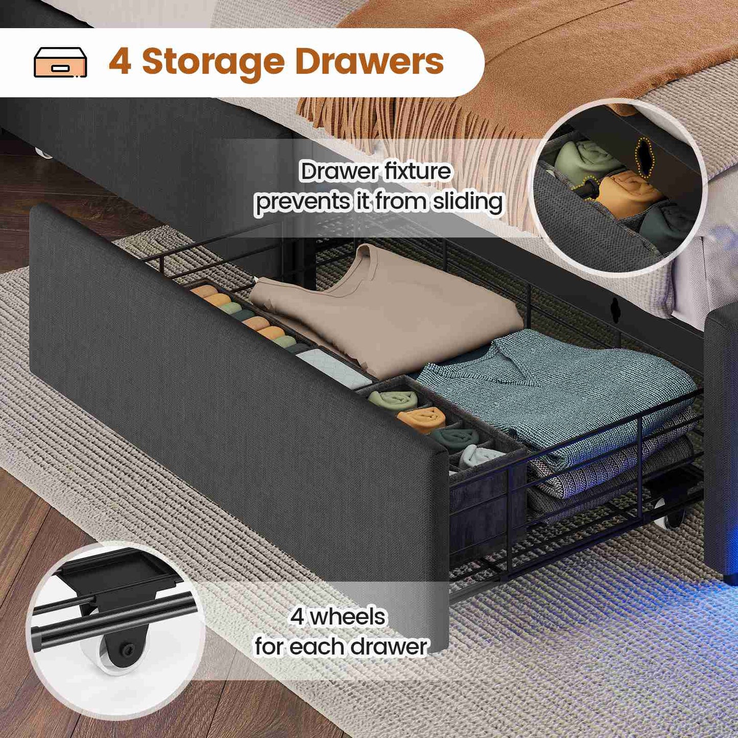HAUOMS Twin Size Bed Frame with Hidden Storage Headboard and 4 Drawers Upholstered Platform Bed Twin with LED Lights Charging Station