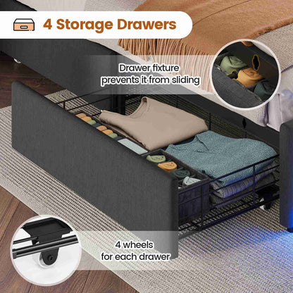 HAUOMS Twin Size Bed Frame with Hidden Storage Headboard and 4 Drawers Upholstered Platform Bed Twin with LED Lights Charging Station