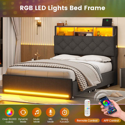 HAUOMS Twin Size Bed Frame with Hidden Storage Headboard and 4 Drawers Upholstered Platform Bed Twin with LED Lights Charging Station