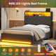 HAUOMS Twin Size Bed Frame with Hidden Storage Headboard and 4 Drawers Upholstered Platform Bed Twin with LED Lights Charging Station