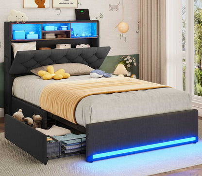 HAUOMS Twin Size Bed Frame with Hidden Storage Headboard and 4 Drawers Upholstered Platform Bed Twin with LED Lights Charging Station