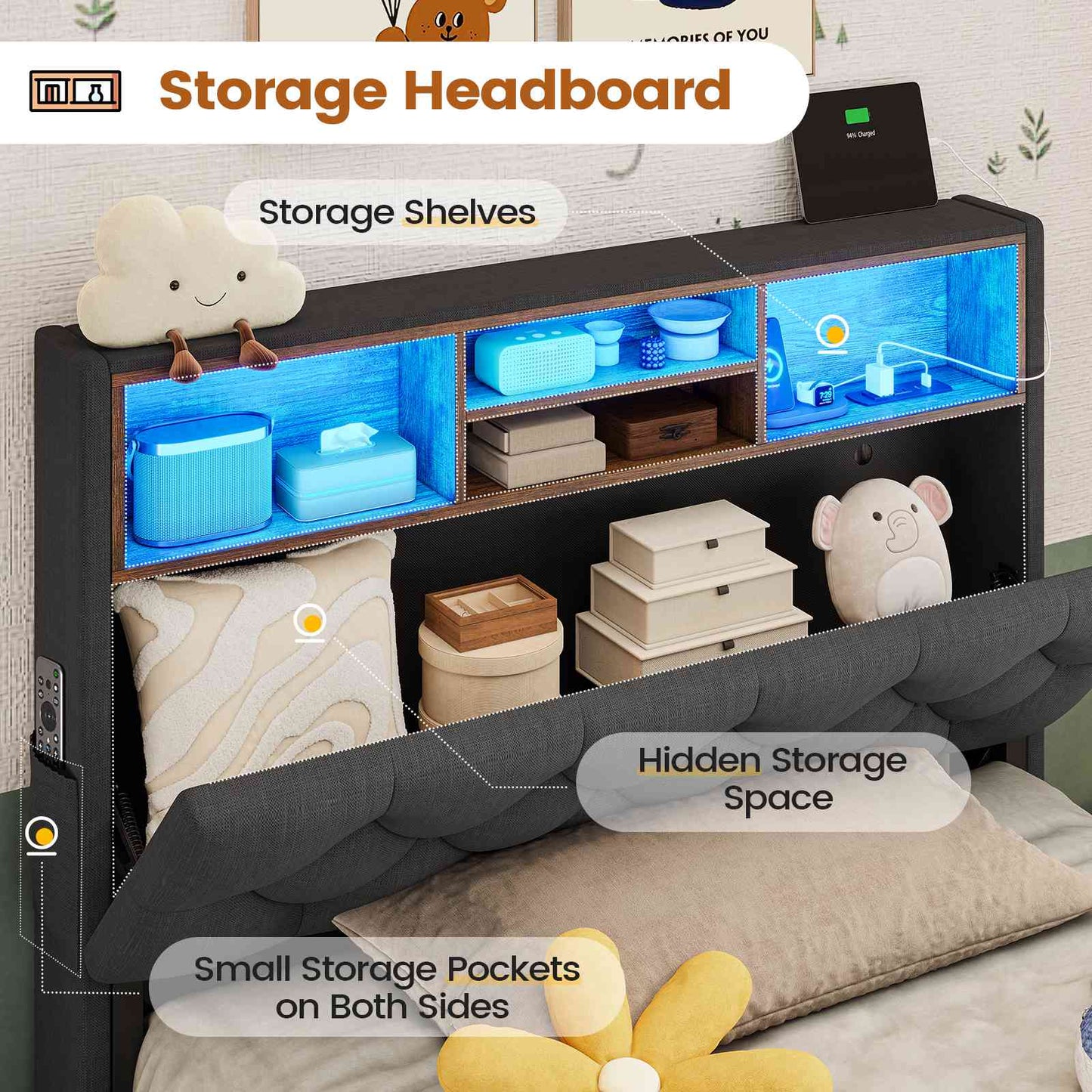 HAUOMS Twin Size Bed Frame with Hidden Storage Headboard and 4 Drawers Upholstered Platform Bed Twin with LED Lights Charging Station