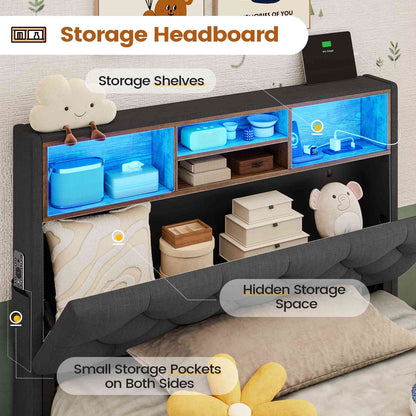 HAUOMS Twin Size Bed Frame with Hidden Storage Headboard and 4 Drawers Upholstered Platform Bed Twin with LED Lights Charging Station