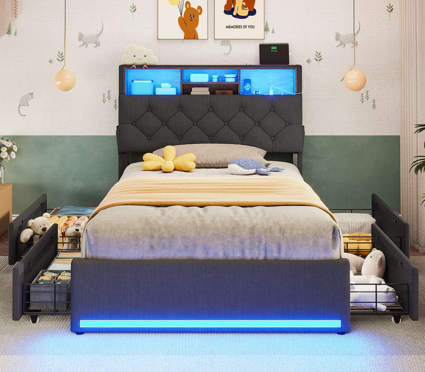 HAUOMS Twin Size Bed Frame with Hidden Storage Headboard and 4 Drawers Upholstered Platform Bed Twin with LED Lights Charging Station