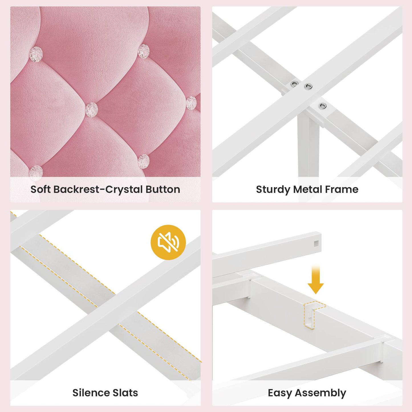 HAUOMS Twin Size Bed Frame with LED Lights and 4 Drawers Headboard with Charging Station Guardrail Crystal Button Princess Velvet Upholstered Platform Bed for Girls